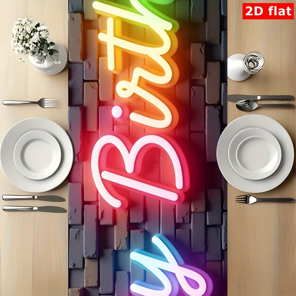 Image of Table Runner 1pc, Happy Birthday Neon Light, Suitable For Kitchen And Dining Room Decor, Perfect For Home Parties And Indoor/outdoor Dining, An Elegant Spring/ To Any Ambiance, Dining Room Additions