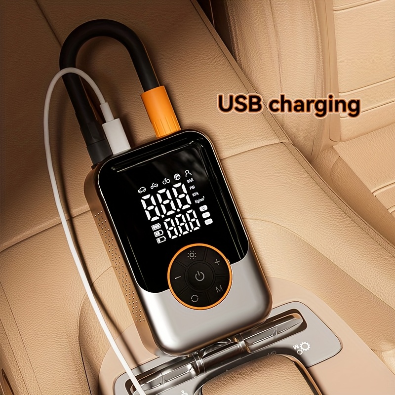 a portable air compressor pump with   lcd display a wireless tire inflator with usb c fast charging led light suitable for cars motorcycles bicycles balls and features an automatic shut   function   home Product details 5
