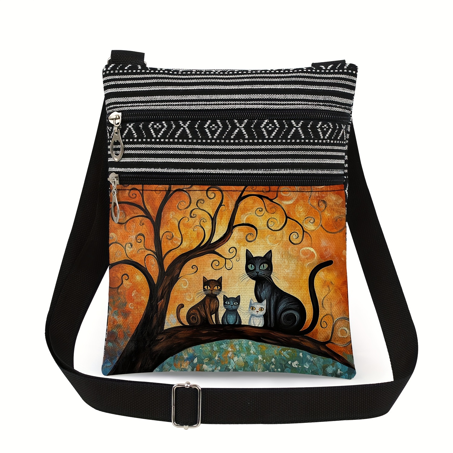 TEMU Fashion Polyester Crossbody Sling Bag With Cat Print - Adjustable Strap Multi-compartment Shoulder Bag For Daily - Hand Wash/ Only - Random Pattern