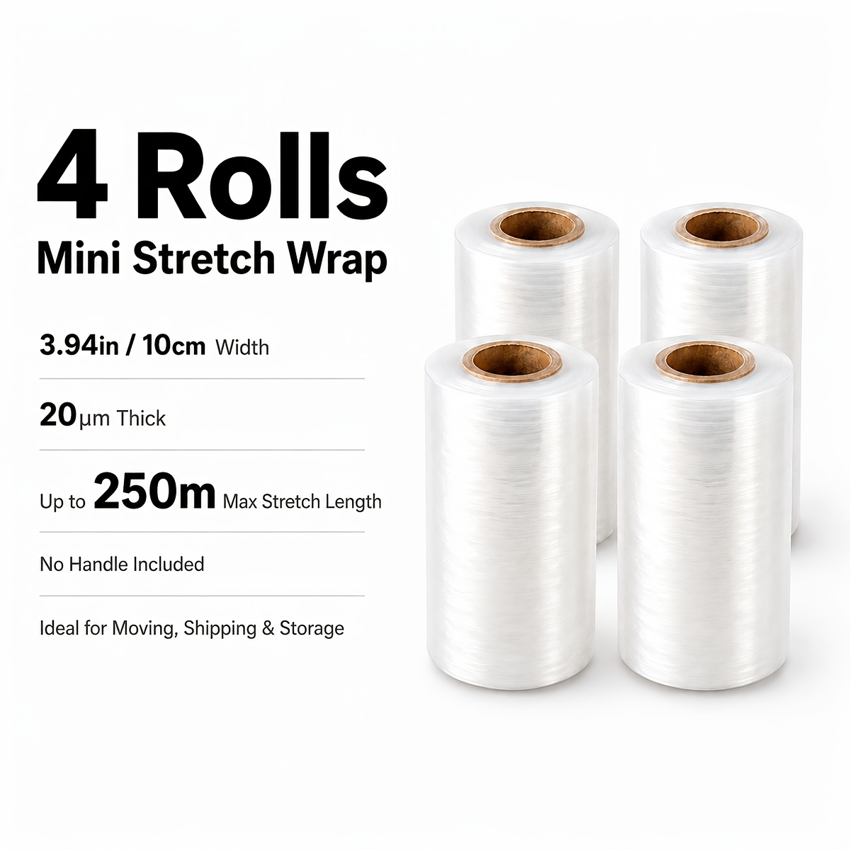 TEMU 4 Rolls Of Mini Stretch Wrap Film, 10cm Wide, Up To 250m Stretch Length Per Roll, 20 Micron (80 Gauge) Clear Self-adhering Pe Packing Wrap, For