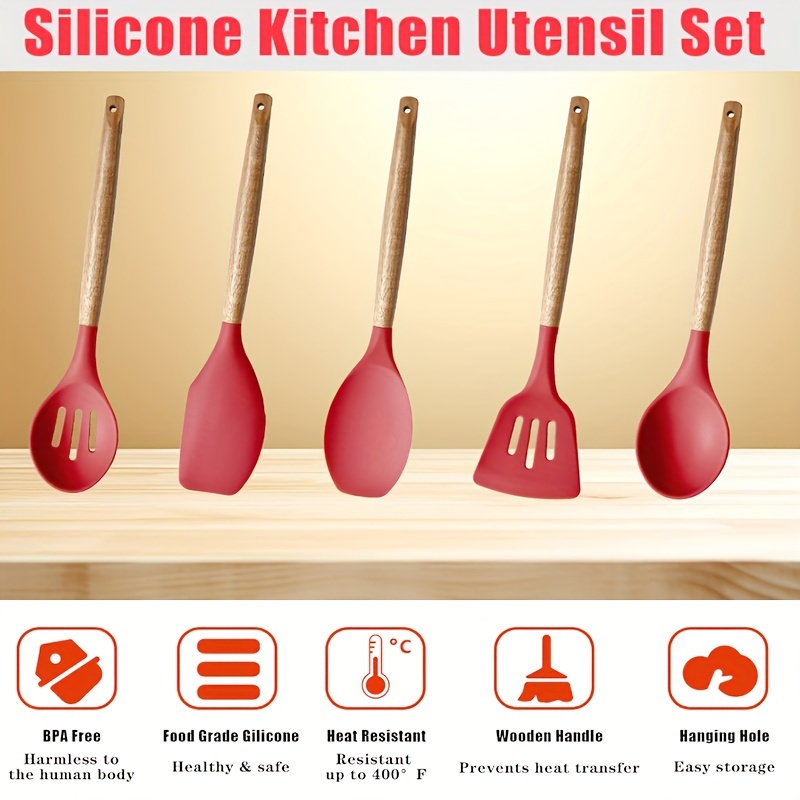 5pcs non stick kitchen utensil set with wooden handles   deep frying steak eggs 400 f heat resistant cooking tools details 4