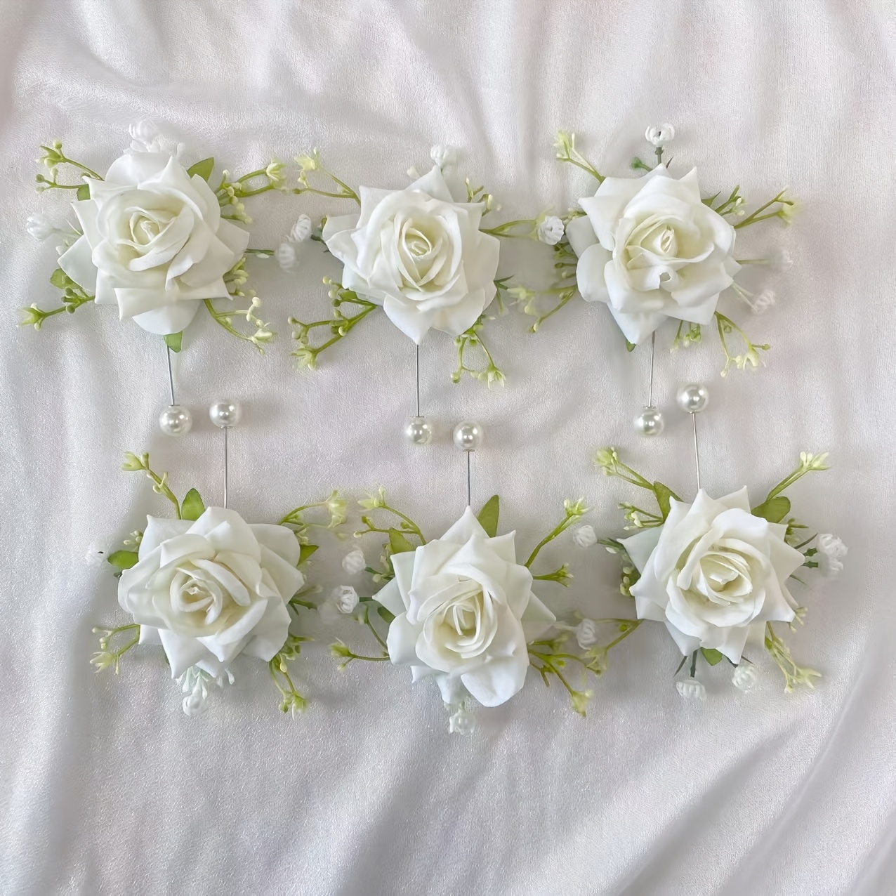 Image of 6pcs White Rose And White Starflower Beautiful Corsage Combination Set, Suitable For Bride And Groom Wedding Decoration, Banquet Ball, Anniversary