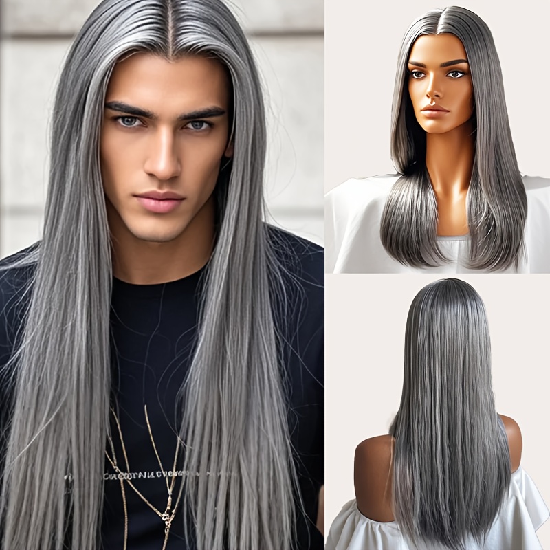 TEMU Long Straight Wigs For Men Silvery Gray Wig Stylish Look Synthetic Hair Easy To Care For Men Cosplay Party Wig