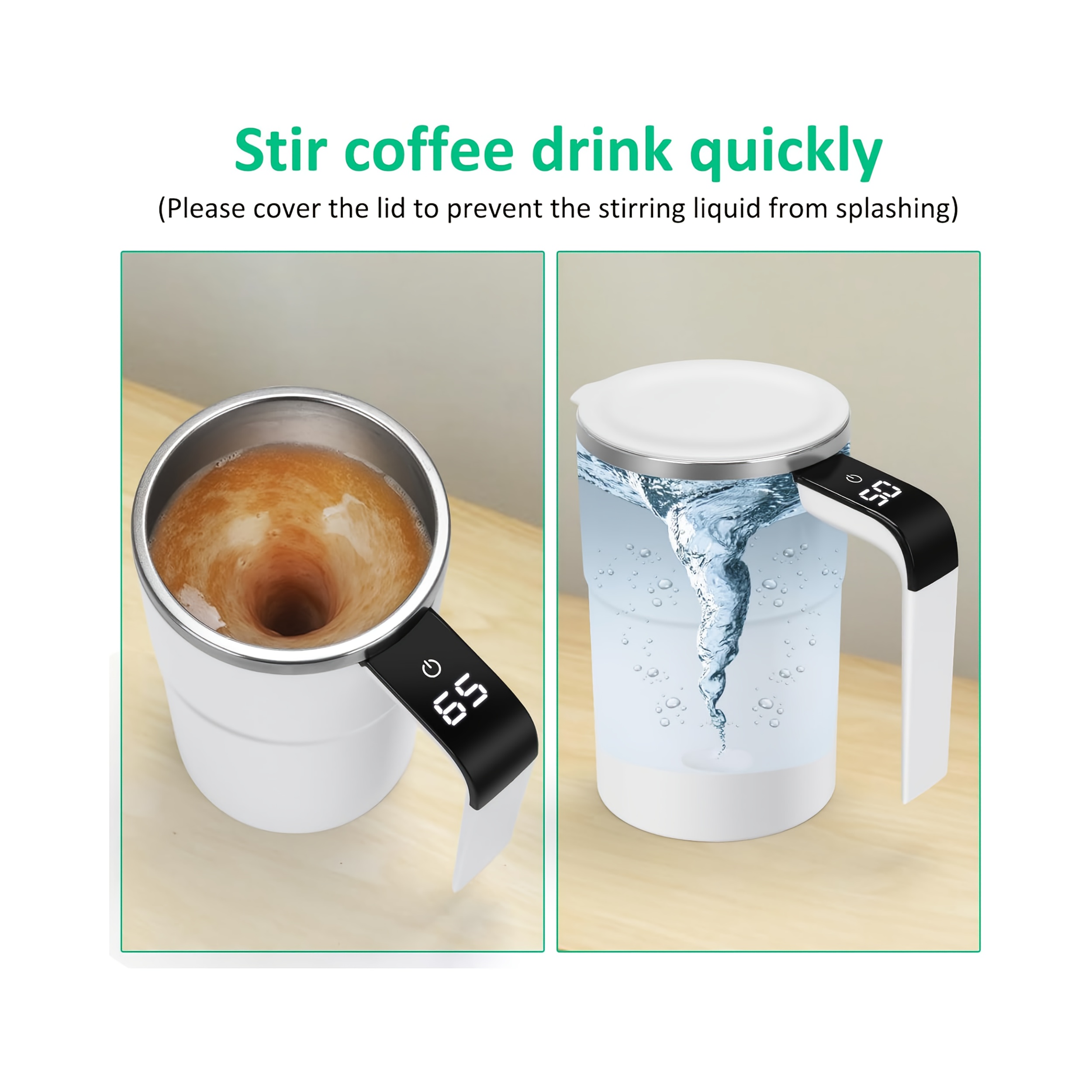 自搅拌智能咖啡杯带温度显示和自动混合 - usb可充电304不锈钢旅行杯，一键操作，实时°c/°f屏幕，兼容智能手机/平板电脑 - 理想礼物 商品详情 2
