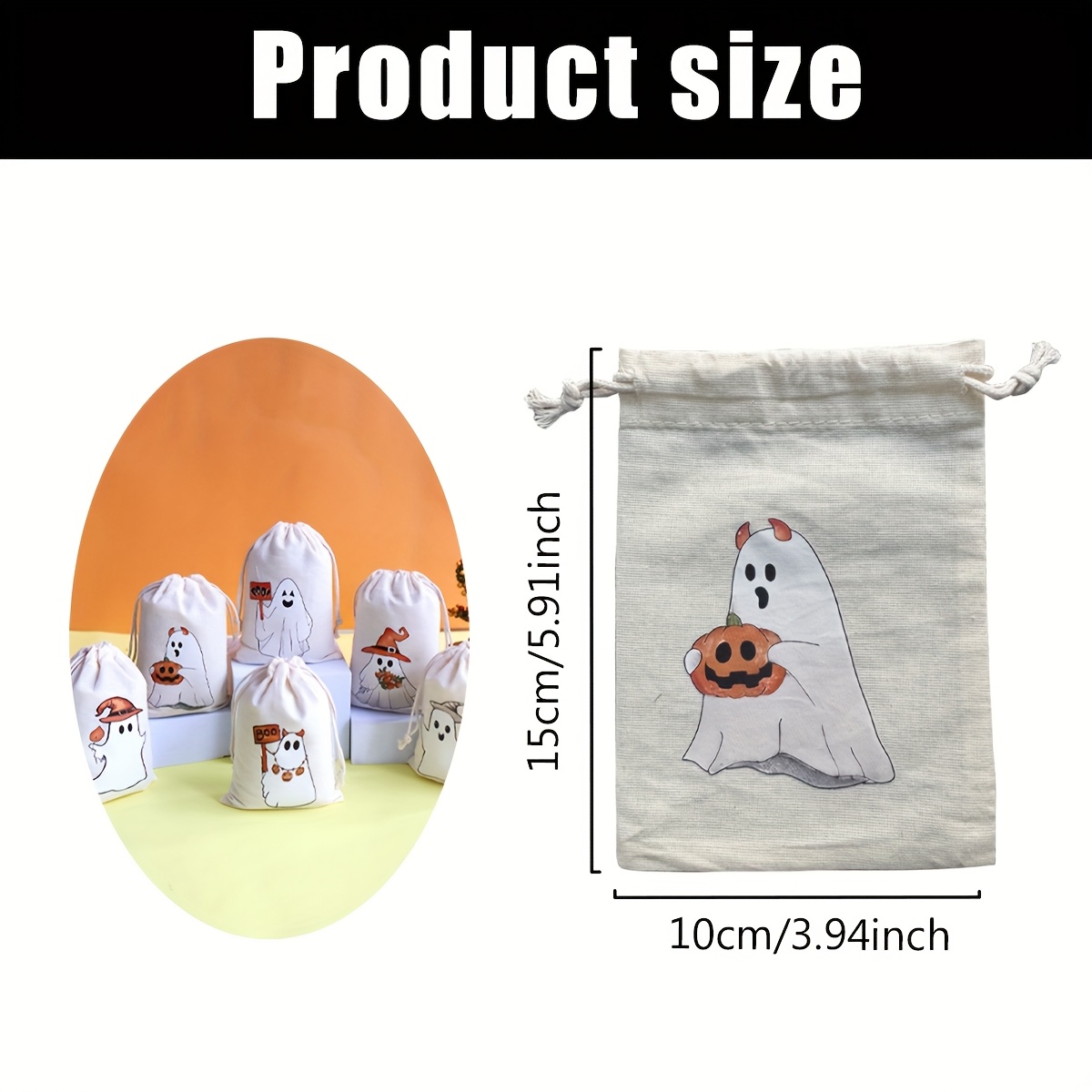 TEMU 6 piezas de 10*15 pulgadas, bolsas de regalo de lona con de fantasma lindo para Halloween, bolsas de decoración para fiestas con bolsillo de