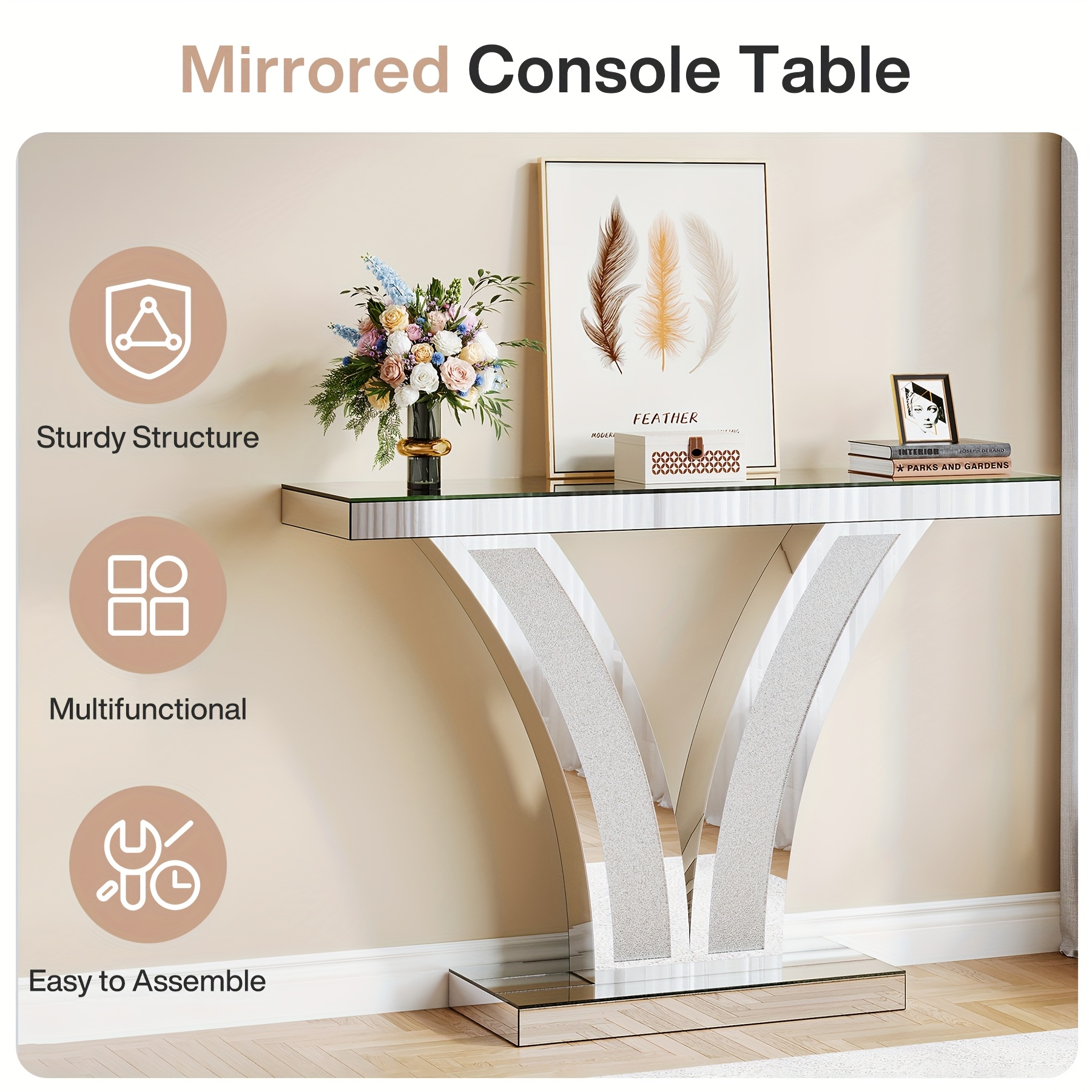 Mirrored Console Table, Modern Sliver Entryway Sofa Table With Crystal Inlay Frames For Living Room, Hallway, Foyer