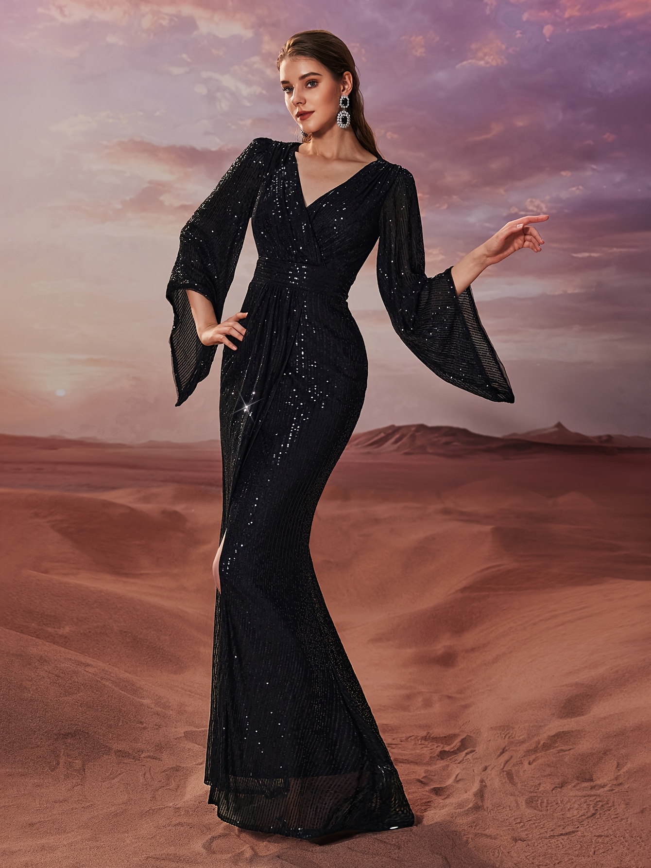 fitted lace wedding dress Chic Purple V-Neck Long Sleeves Ruffles Long Satin Mother of The Bride Dress Wedding Guests Dress with Slit main image 1