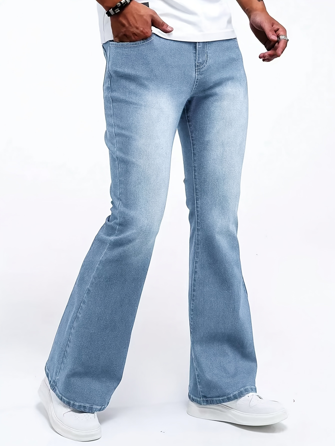 mens stretch bell bottom jeans wash blue wide leg trousers Temu