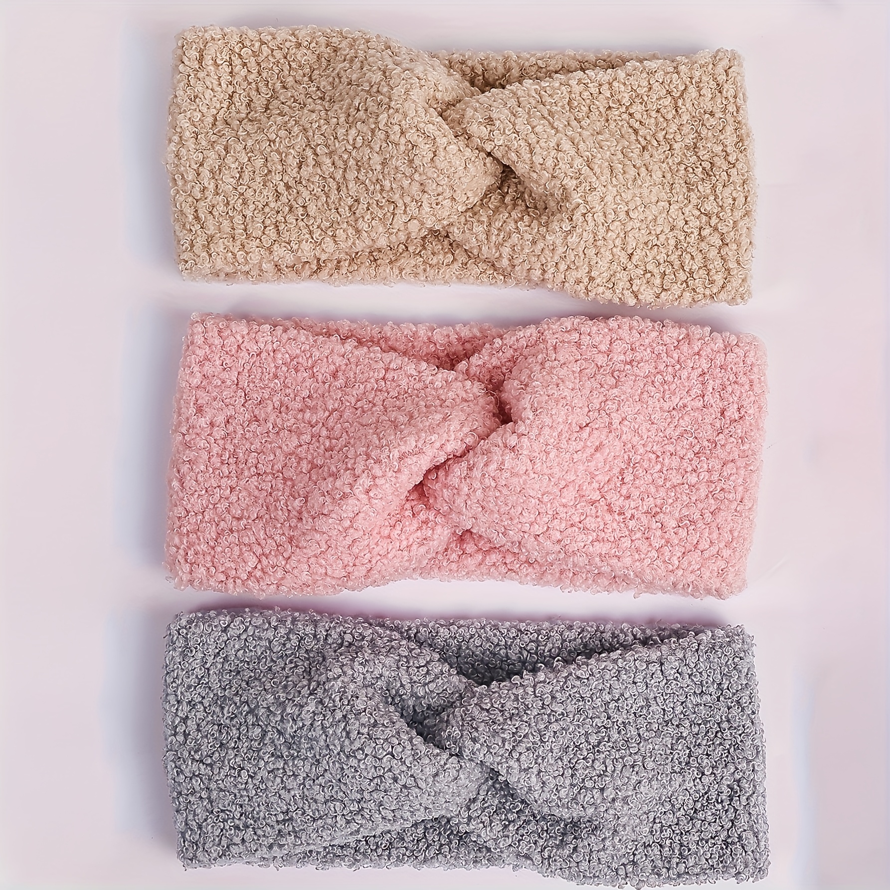 3pcs Solid Color Simple Autumn Winter Warm Teddy Cross Tie Headbands, Comfortable Soft Women's Casual Versatile Hair Accessories