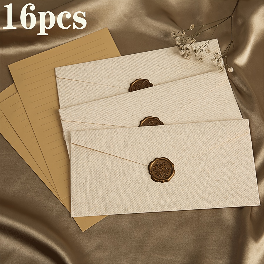 E-shop 16-teiliges Set, 3 Umschläge, 3 Wachssiegel, 10 Briefbögen, dickes Leinen-Umschlag-Briefpapier-Set, Vintage-Stil Liebesbrief-Einladung,