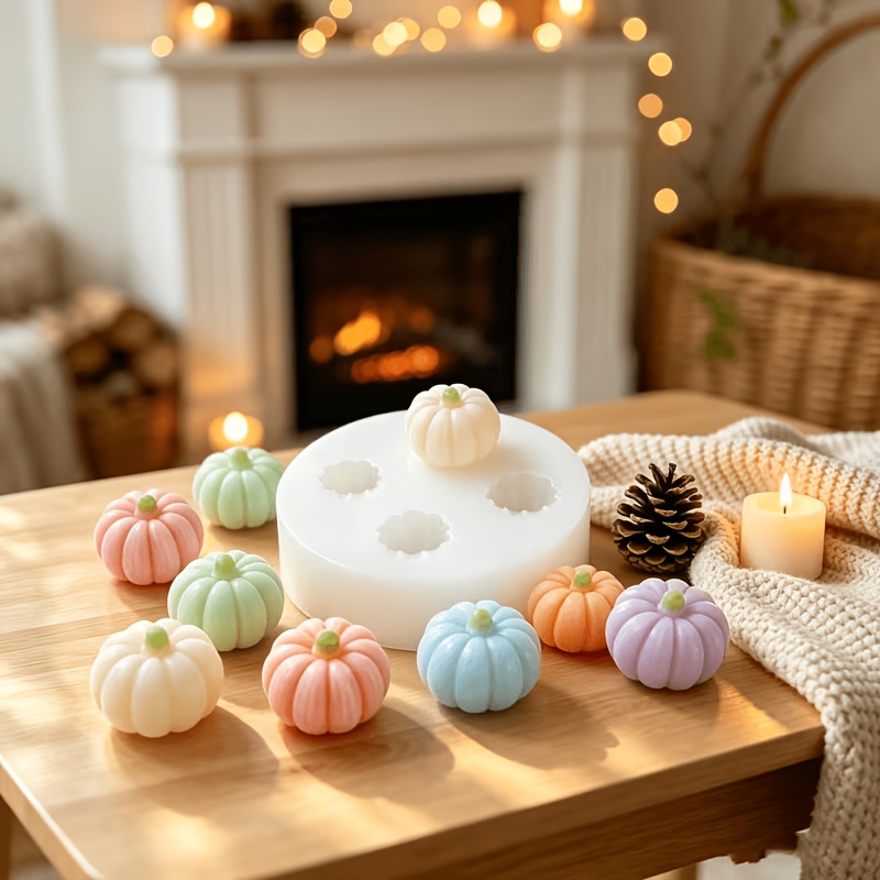 TEMU Molde de silicona para velas aromáticas de calabaza de 4 cavidades, molde para fundición de resina epoxi de bricolaje a para decoraciones de
