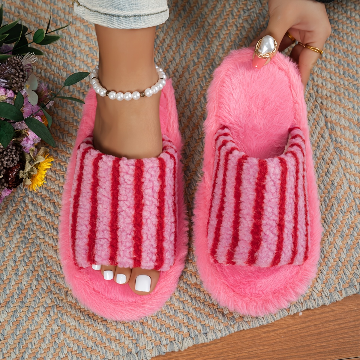 TEMU Women's Minimalist Fashion Striped Indoor Home Comfortable Open Toe Silent Wide Slip-on Shoes, Women Shoes