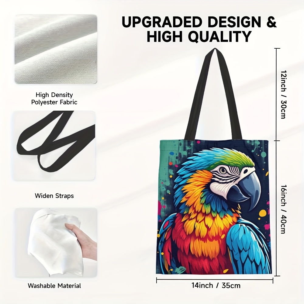 TEMU 1pc Vibrant Parrot Design Canvas Tote Bag - Kleurrijke Macaw Kunst, Ruimte & Opvouwbaar, Ideaal voor Winkelen & Buitenactiviteiten, Herbruikbare