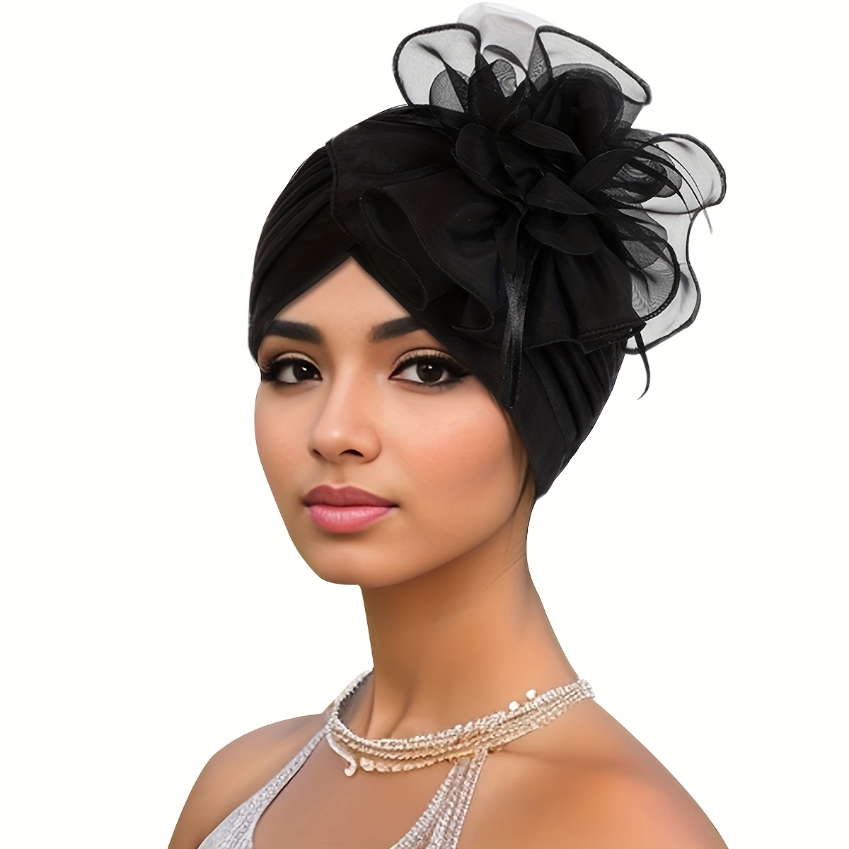 Image of Elegant Women's Chemo Cap With 3d - Black & White Side Turban Hat For, Perfect For Parties, Weddings, And Fashionable Events, Headwear | Stylish Headwear | Construction