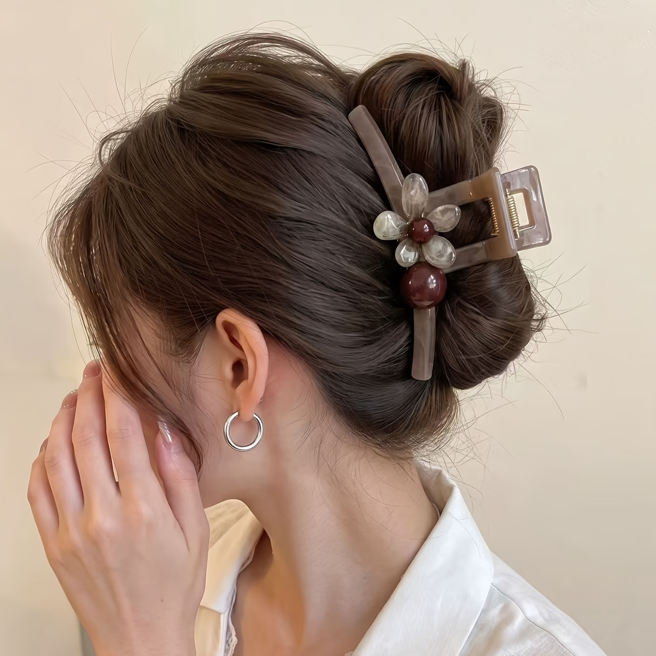 TEMU Smoky Tea-colored Floral Claw Clip For Women, High-end And Elegant Large Hair Claw, Versatile Updo Shark Clip For The Back Of