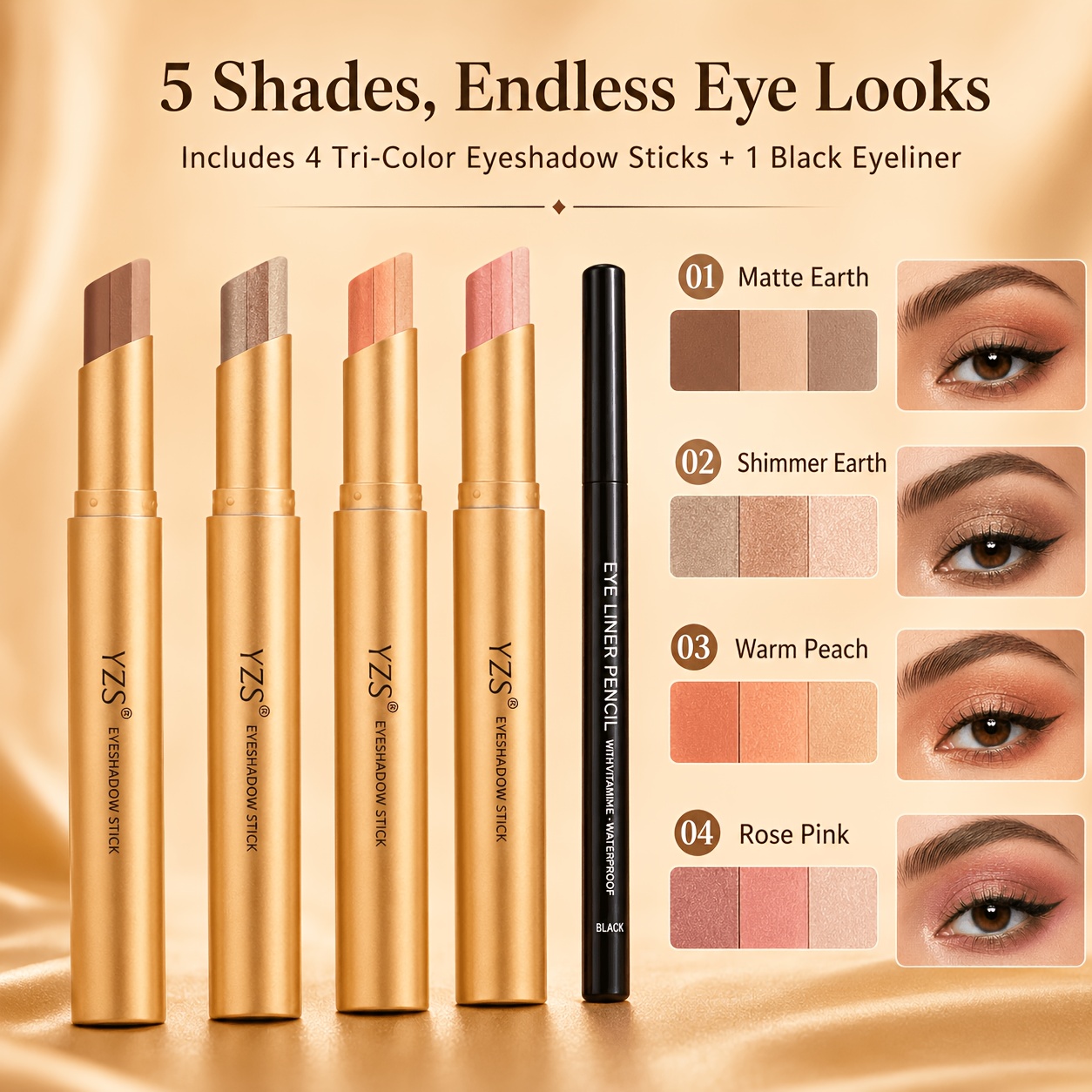 TEMU 5pcs Waterproof Eyeshadow Stick Set, Eyeshadow Stick With Black Eyeliner Pencil, Long-lasting Matte Shimmer Eye Makeup Kit For Women, Easy-blend