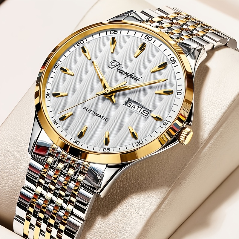 Image of Men's Luxury Automatic Mechanical Watch, Golden Silvery Stainless Steel Wristwatch, White Dial Date Day Business Dress Watch For Men, Perfect Gift For Father's Day/birthday, Without Battery
