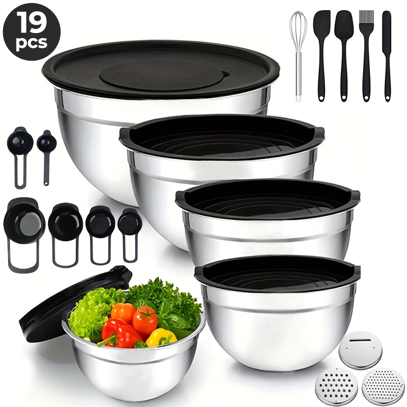 Image of 19 Stainless Steel Salad Bowl Set, Thickened And Drop Resistant, With Grille, Plastic Cover, Dishwasher And Microwave Safe, Salad Bowls, Multifunctional Cutlery Set, 5 Bowls With Small Tools Included