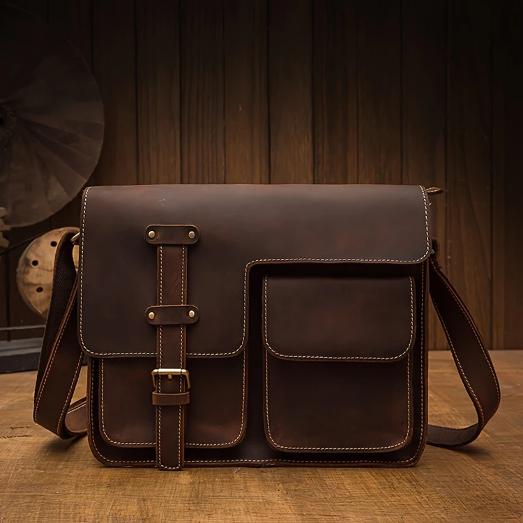 mens vintage style genuine leather messenger bag with adjustable strap casual handcrafted crossbody satchel with multiple pockets scratch repairable daily accessory details 1