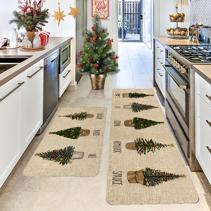 

Christmas Kitchen Runner Rugs Set Of 2, Machine Washable Non-slip Flannel Mats, Lightweight Rectangular Floor Carpets For Holiday Home Decor, Christmas Tree & Gift Design, Low Pile, Polyester