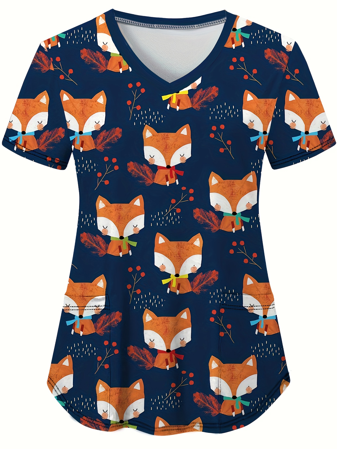 Cazibeli Tilki Baskılı V-Yaka Scrub Üstü Cepli - Rahat Kısa Kollu, Günlük Kullanım İçin Profesyonel Hemşire Üniforma Stili