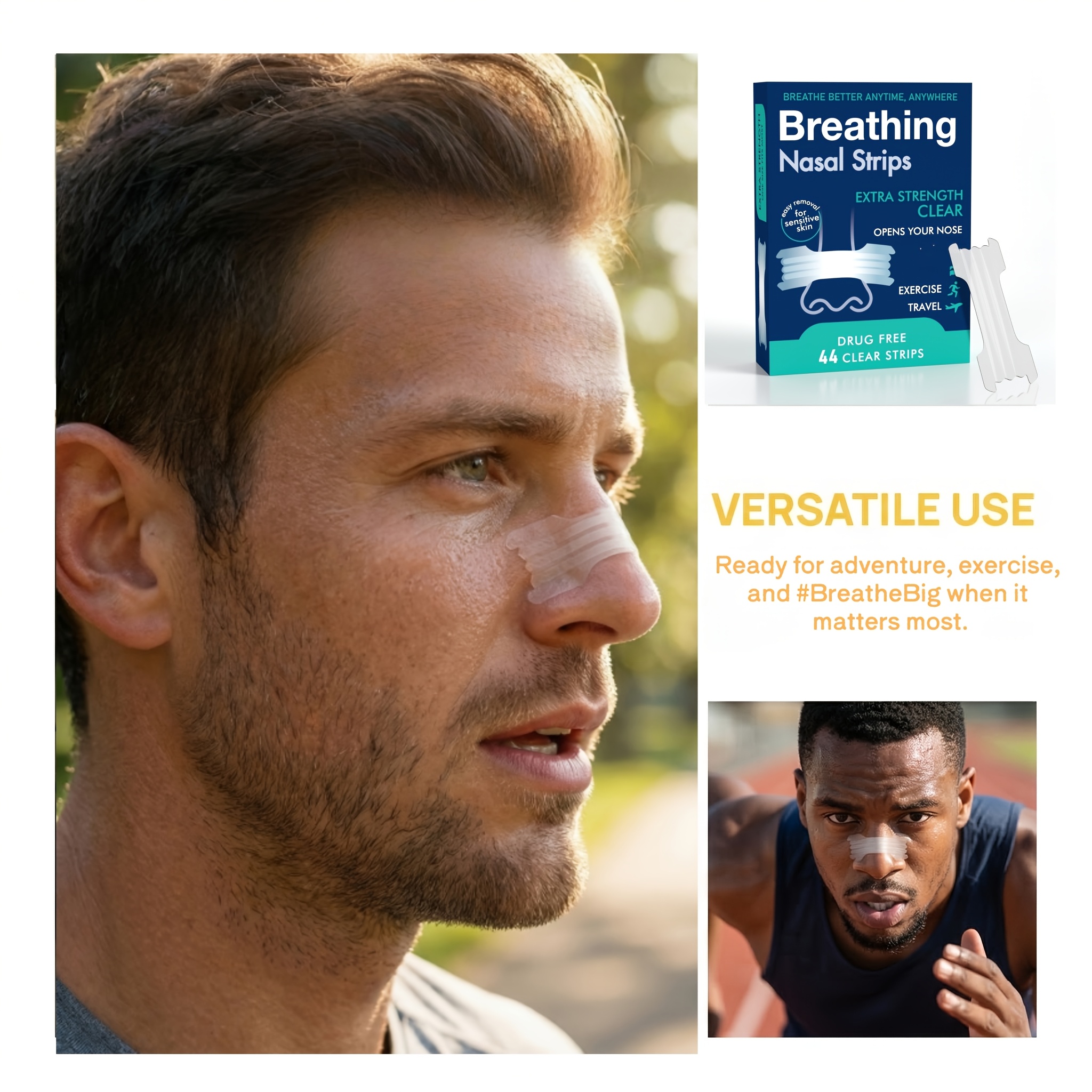 Breathe Freely, Perform Stronger. 44 Athletic Nose Strips for Enhanced Workout Airflow. Gentle, Comfortable Wear. WorkoutEssentials, FitnessGear, SportsPerformance, ActiveLife, TrainingDay.