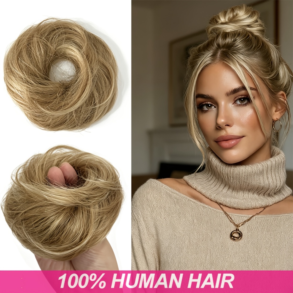 TEMU Women' Real Human Hair Donut Hairpiece Suitable For Thin Hair - Blonde #27/613 Color Highlights, Elastic Wavy/straight Space-bun Scrunchies Updo
