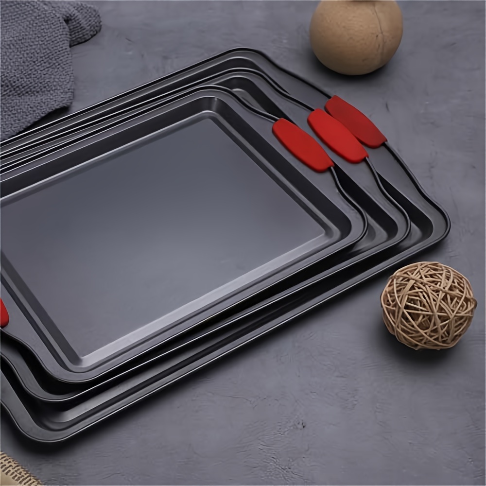 

3pcs Non Stick Kitchen Oven Baking - Biscuit Cake Baking Tray Premium Stylish Non Stick Steel, Barbecue Tray Roasting Pan Commercial Grade Metal Baking Tray With Red Silicone Handles - Easy To Clean