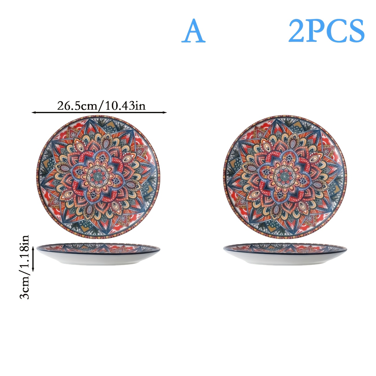 Image of 2pcs Large Size Plates, 10.43 Inches Round Floral Dish Bohemian Plate Set, Ceramic Material Microwave And Oven Safe - Scratch Resistant And Durable, For Home, Restaurant, Gifting