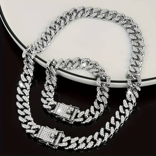 set of 2 necklaces and bracelets in hip hop style jewelry with cuban link chain and sparkling rhinestones miami necklace and bracelet set for men and women party gifts