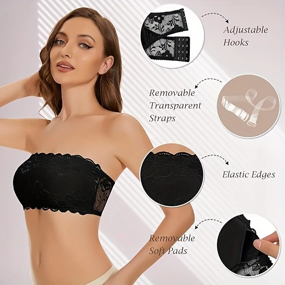 ladies lace tube bra comfortable wire free gathered tube bra strapless thickened bra details 1