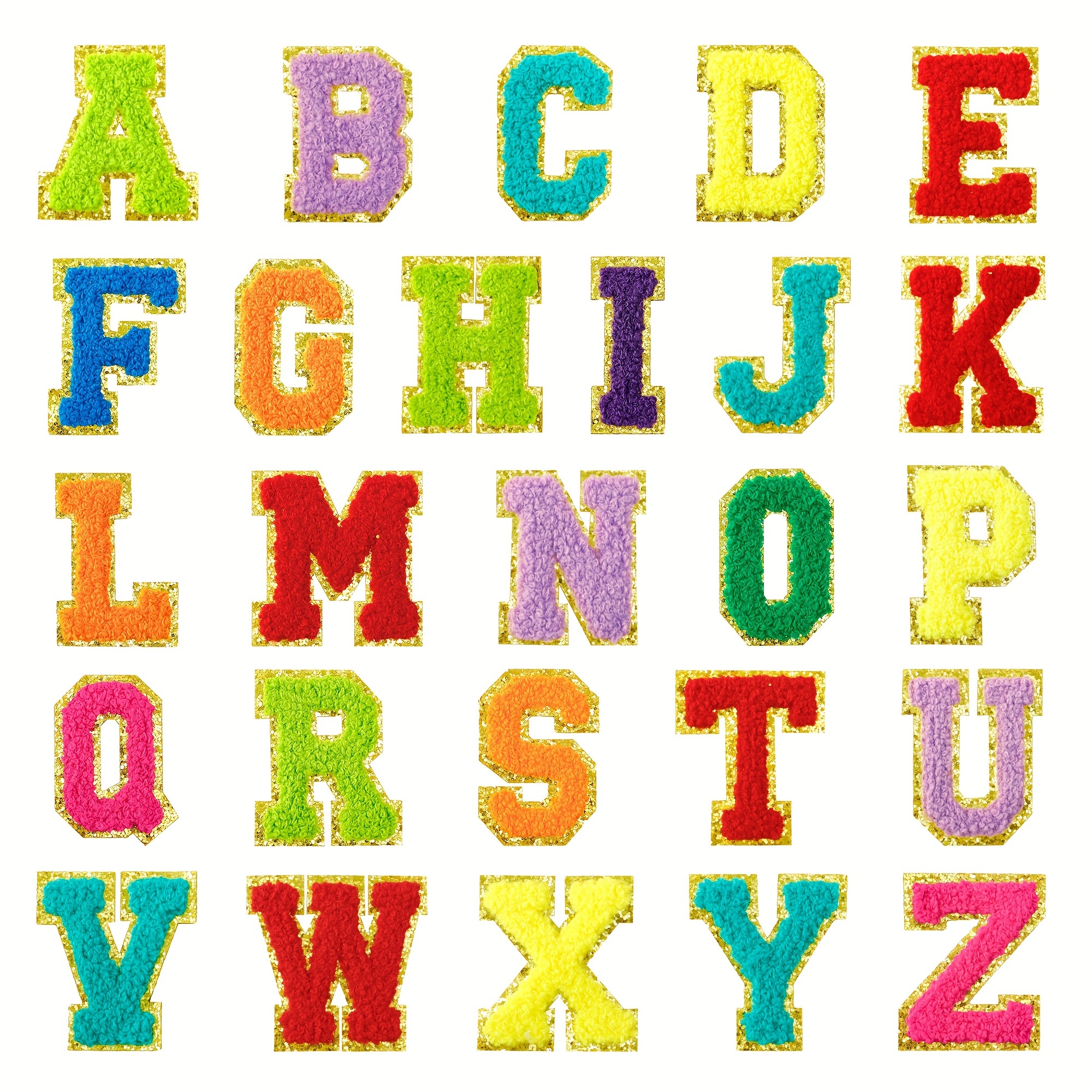 

26-piece Colorful Chenille Alphabet With Metallic Edging, Iron-on/sew-on Appliques For Diy Clothing, Hats, Bags - Decorative Fabric Accents