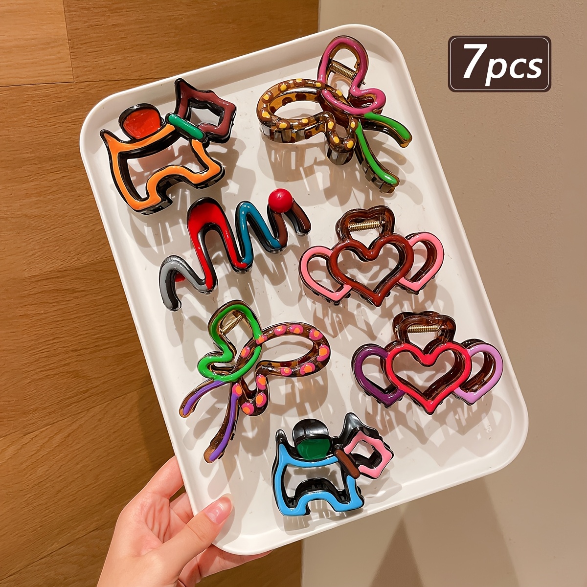 TEMU Juego de 7 pinzas de pelo decorativas de moda con de aceite, de amor, cachorro, , , brillantes y huecas, adecuadas para de caballo, pinza de