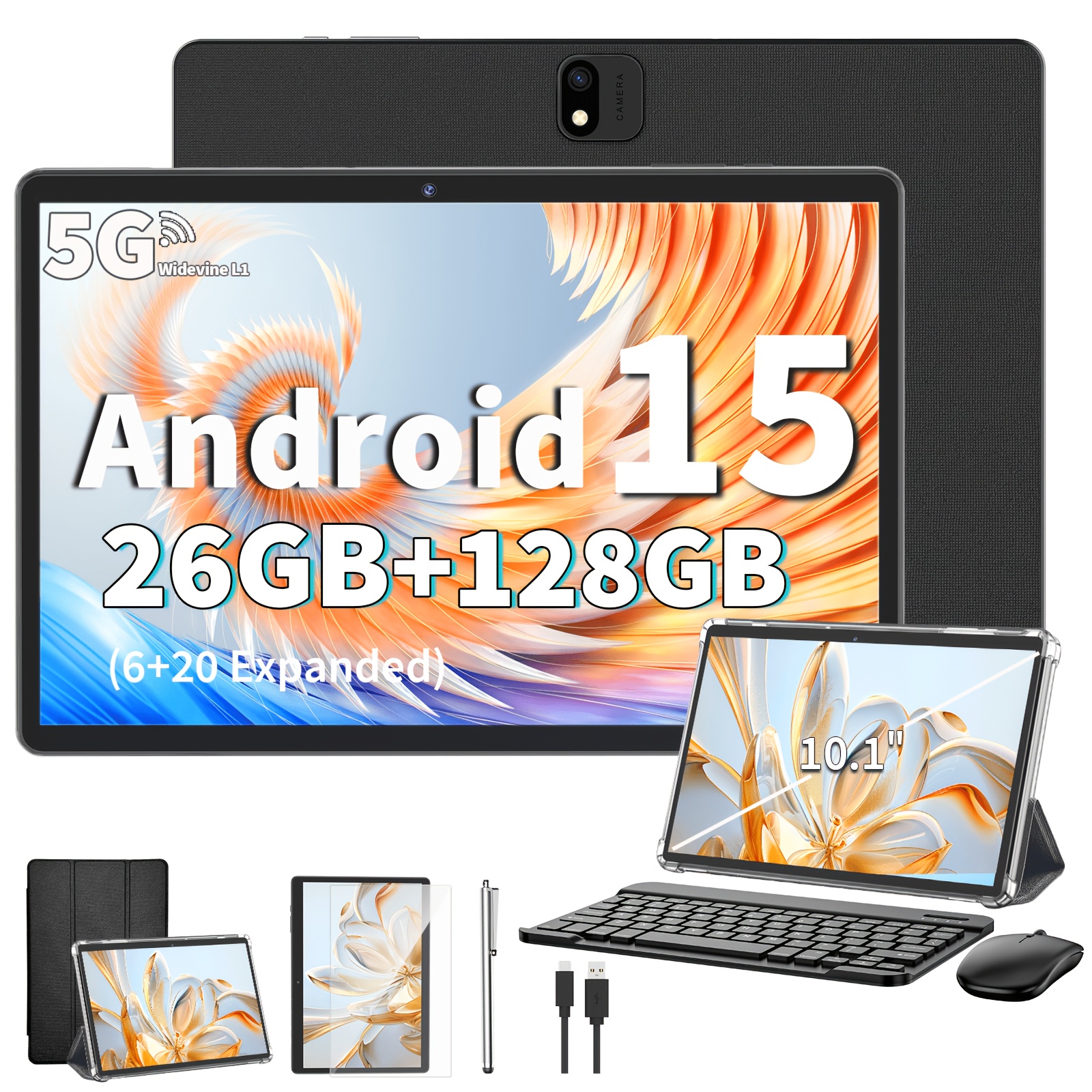 26GB (6+20) RAM And 128GB ROM New Tablet PC, 1TB SD Expansion, 1280X800 HD IPS, GMS, Wi-Fi Connectivity, 10.1-Inch Android 15 Tablet (No Adapter), Optional: Tablet And Stand Case Or Tablet And Keyboard Set, Perfect for Holiday/Birthday Gifts, 2026