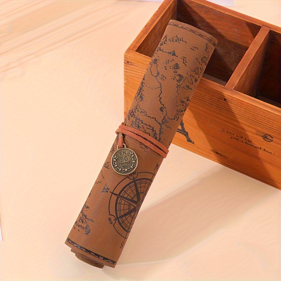 1pc Retro Faux Leather Pencil Case Large Capacity Pencil Pouch Cute Box Creative Treasure Map Pen Case