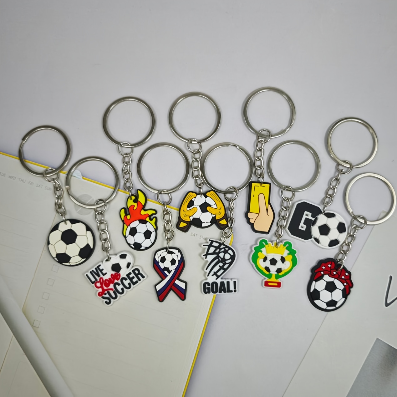 Image of 10pcs Soccer Keychains | Soccer Ball, , Player Designs - Heavy-duty Metal Rings - Gifts For Soccer Fans, Players, - Bulk Sports Party Favors, Team Awards - Birthday Decorations