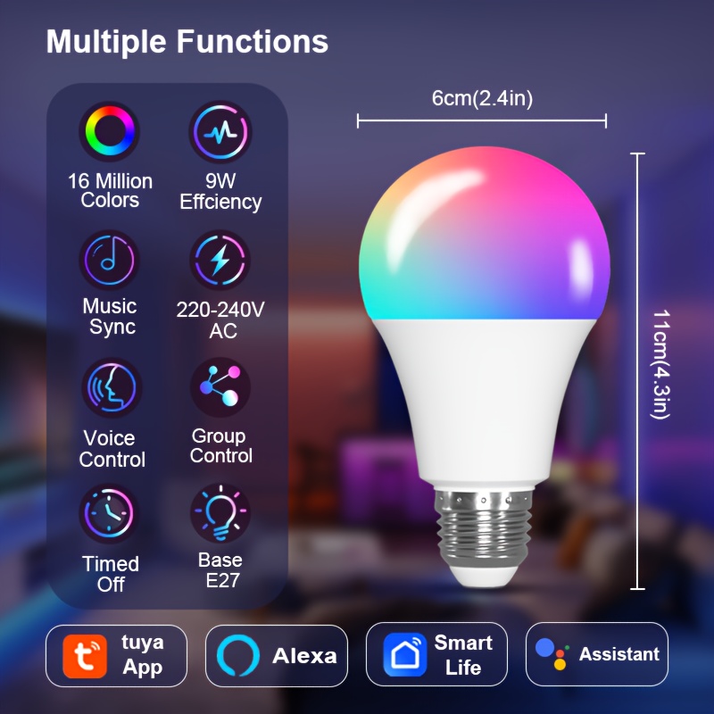A60, 2-pack/4-pack, Doodle Smart LED Bulb, RGBCW Color Light, RGB Color Changing Light, E27 Base, 9W, AC220-240V, Compatible with Alexa and Assistant Voice Control, Works with Bluetooth and 2.4GHz WiFi, Timer Function, Smart Dimming and Color