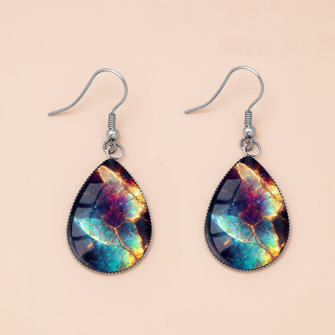 Women's Iridescent Teardrop Earrings with Mineral Pattern