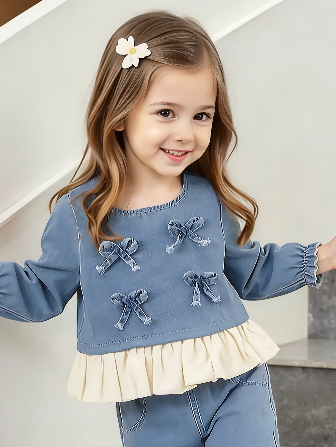 2pcs set for girls 0 3 years crew neck long sleeve denim top with ruffle and bow details casual denim pants comfortable soft durable fabric     for outdoor Product details 2