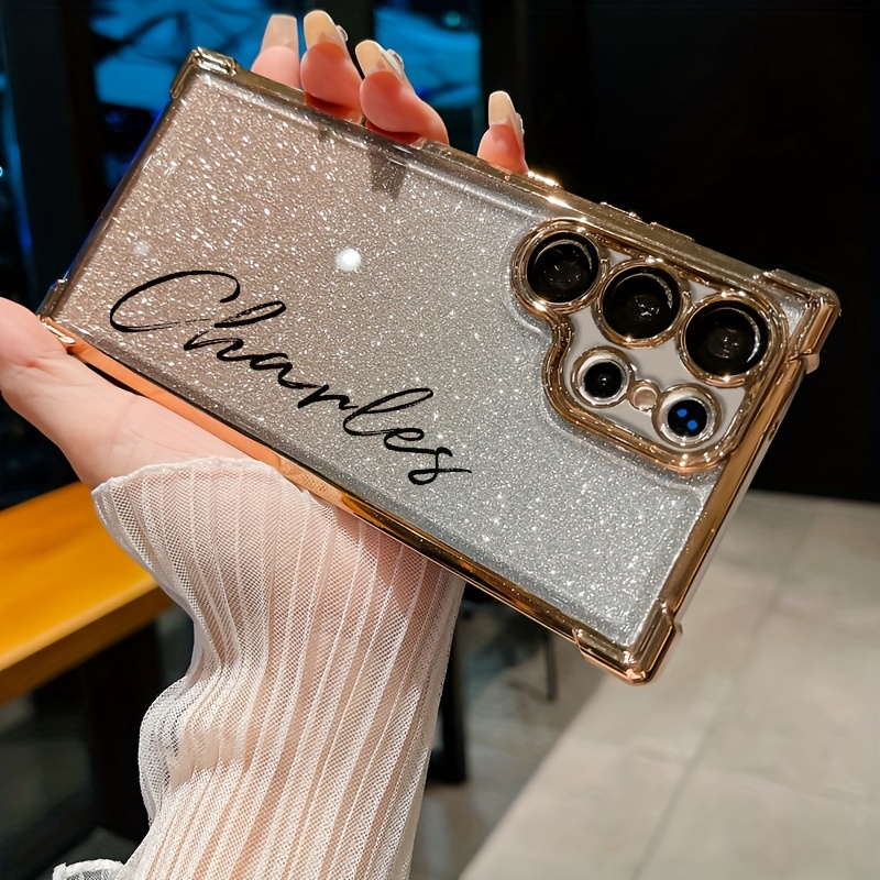 TEMU Phone Case - 2pcs Set (1pc Phone Case And 1 Sheet Glitter Paper) Custom Diy Name Corner Gradient Phone Case Suitable For Galaxy S26 S25 Edge S24