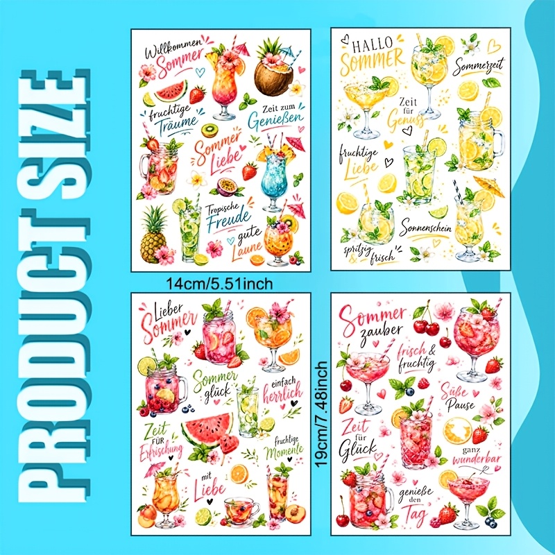 TEMU 4pcs Watercolor Summer Uv Transfer, Transparent Hand-drawn Design With Watermelon, Citrus, Berries, Mint Leaves, And , German Summer Refreshing