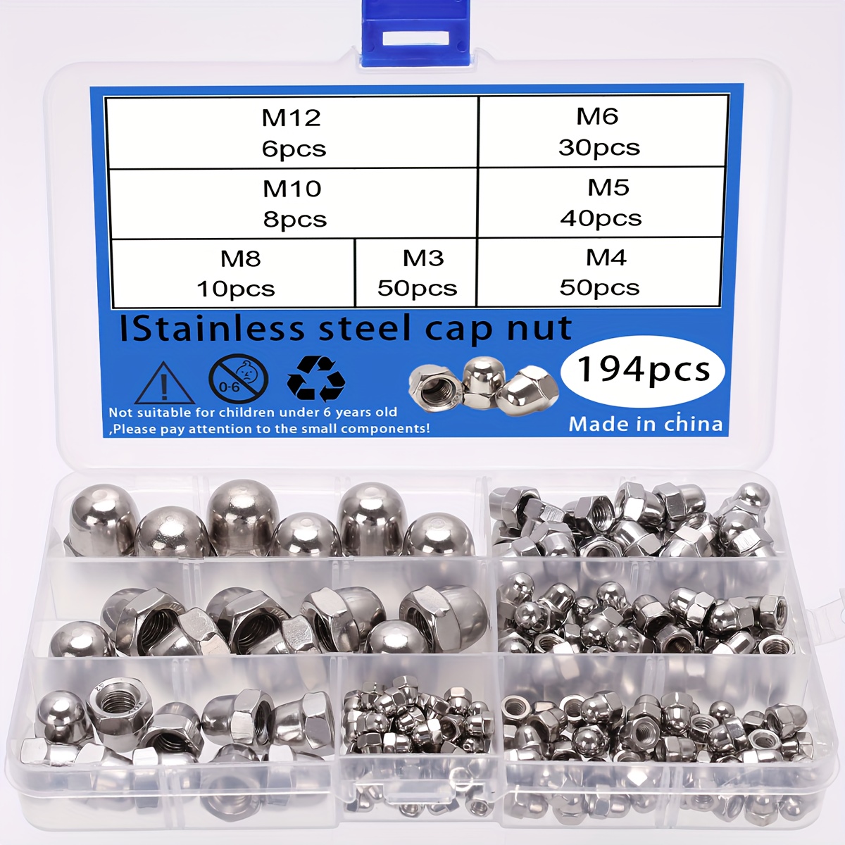 Image of 194pcs Stainless Steel Flat Cap Nuts, Round Ball Head Cap Screws, M3/m4/m5/m6/m8/m10/m12 Stainless Steel Hex Flat Cap Nuts, One-piece Flat Cap Nuts, Hex Ball Decorative Screw Nuts