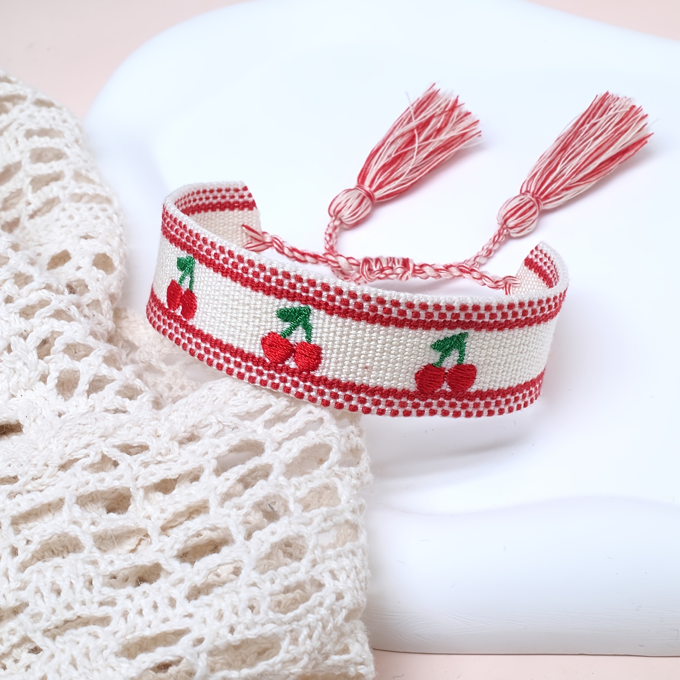 Image of 1pc Cute Embroidered Peach Creative Handmade Braided Retro Tassel Bracelet Suitable For Holiday Gift Party Travel Wedding Wearing Hand Rope
