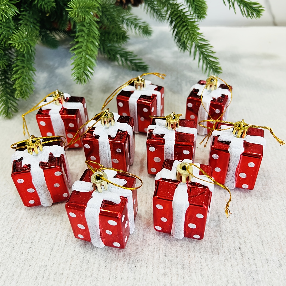TEMU 9pcs Plastic Polka Dot Gift Box Ornaments - Suitable For Christmas Tree Decorations, Hanging Baubles For Xmas Tree, Party Supplies, Painted
