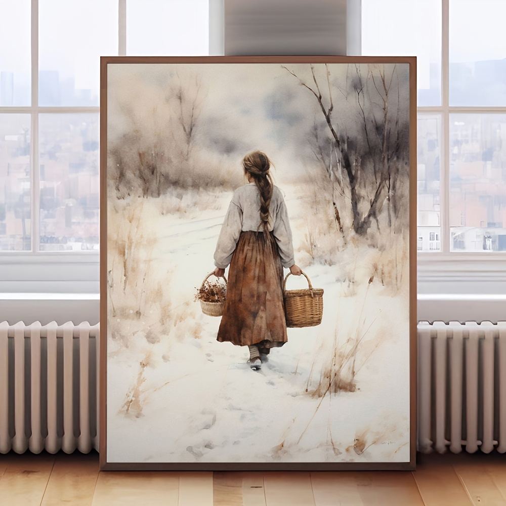 TEMU 2d Flat, 2d Flat, 1pc, Frameless, Vintage Winter Print Of A Woman In A Art Poster, Interesting Canvas Wall Decoration Suitable For Restaurants,