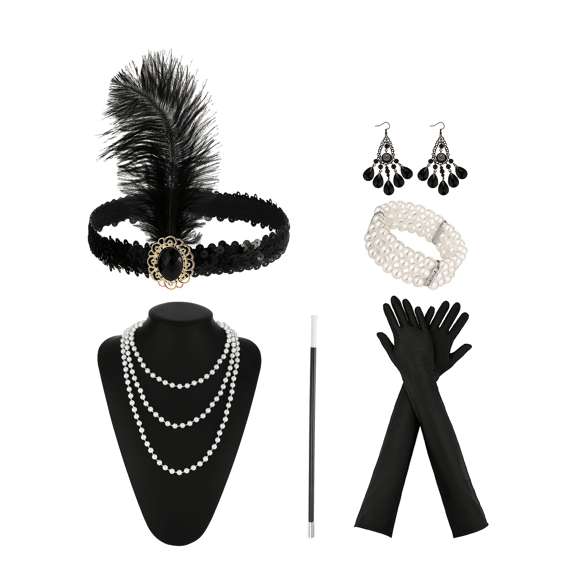 TEMU Ensemble de 6 pièces d'accessoires de tête, d'oreilles et de main pour femme des années 1920 pour mariage, fête, , bandeau, accessoires vintage