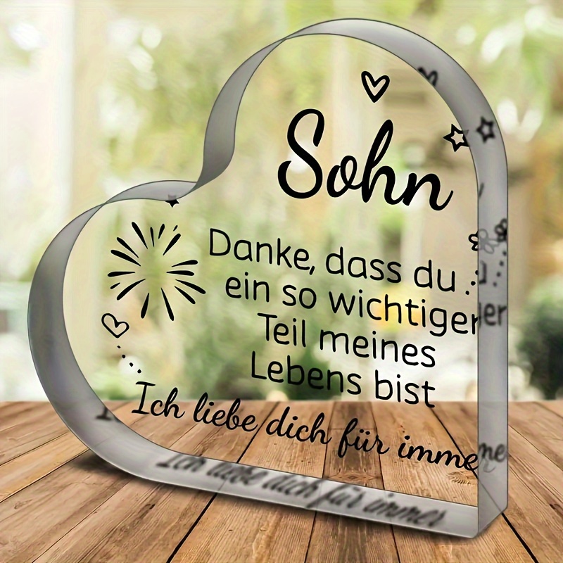 E-shop 2D Flach, 2D Flache Acrylplakette Geschenk für Sohn mit deutschen englischen Nachrichten - Namens-/Nachrichtenoption, Herzförmiges Andenken,