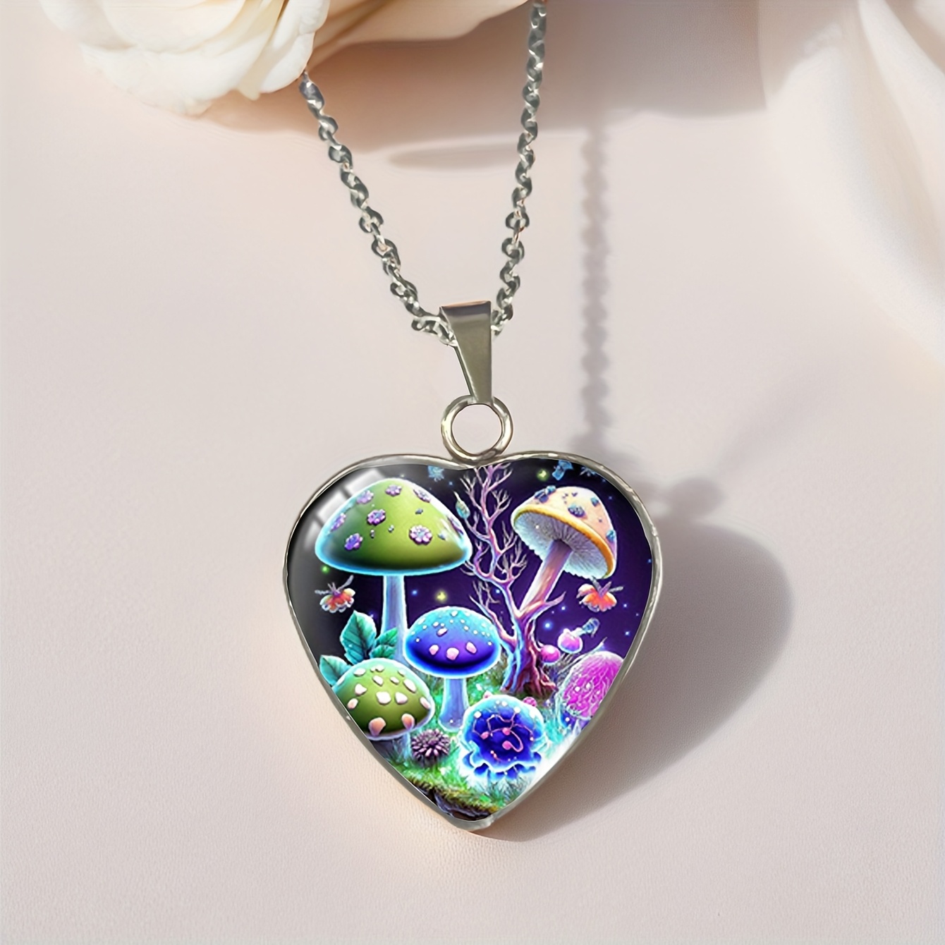 TEMU A Colorful Glowing Mushroom Heart-shaped Time Gem 304 304 Stainless Steel Pendant Necklace, A Trendy Accessory Perfect For Birthday Party Gifts