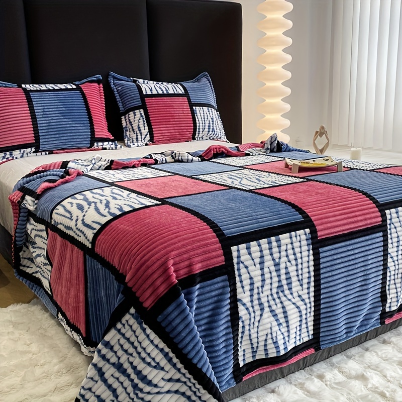 TEMU 1pc Printed Checkered Plush Blanket Cover Nap Air Conditioner Blanket Sofa Shawl Office Bed Camping Travel Multi-functional Blanket Bed Blanket