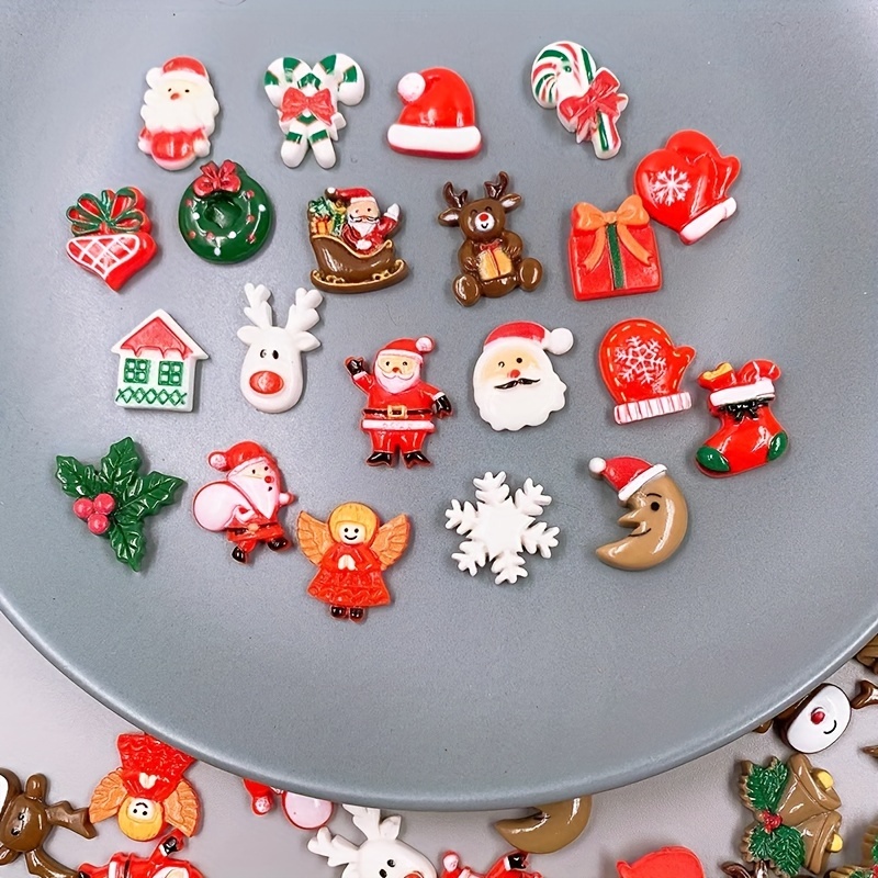 

Festive 50pcs Christmas Craft Charms - Plastic & Polyresin Mini Ornaments Featuring Santa, Snowman & Reindeer - Boho Style Holiday Decoration Pieces For Diy Crafts, Beading And Scrapbooking